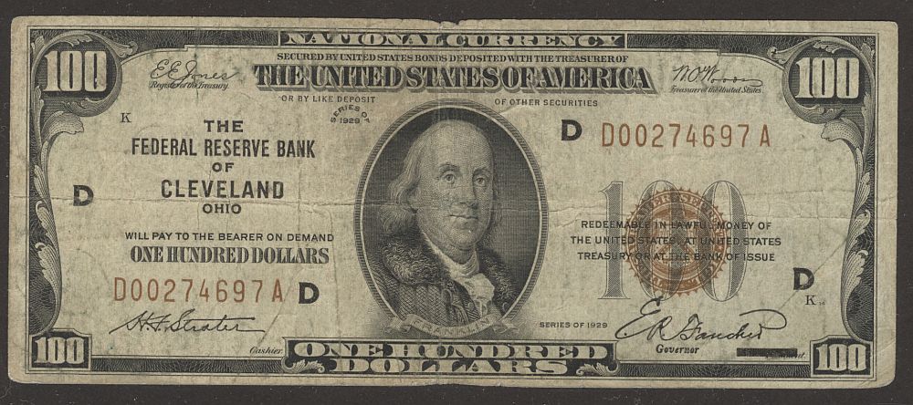Fr.1890-D, 1929 $100 FRBN, Cleveland, AF, D00274697A